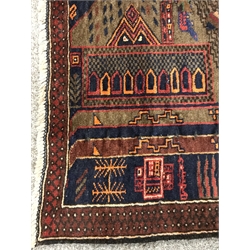  Old Baluchi blue ground rug with city scape field, 113cm x 79cm mao1607  