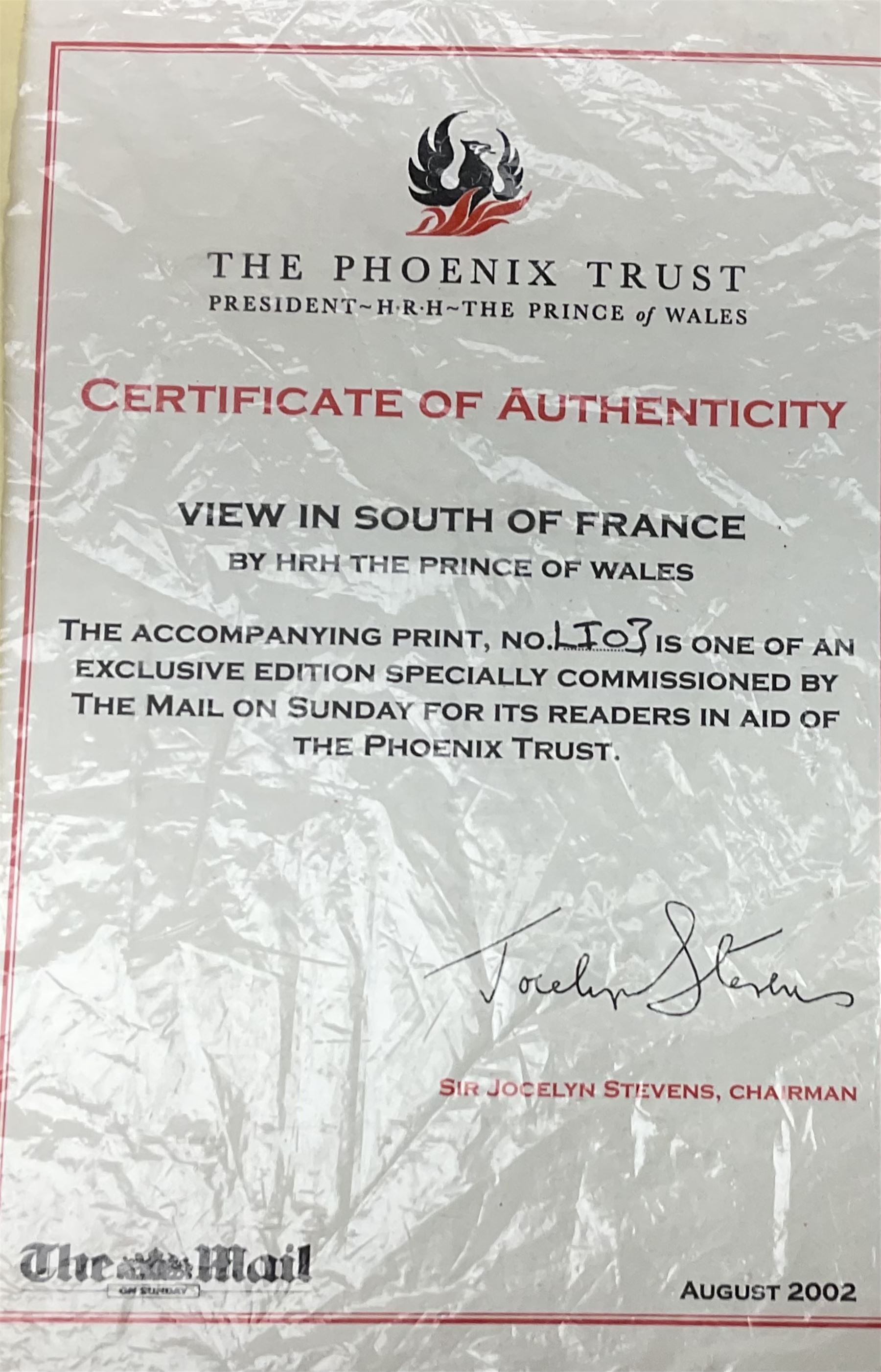 After HRH Charles Prince of Wales (British 1948-):  View in the South of France, limited edition colour print No. 3 pub.2002, certificate verso 23cm x 38cm 