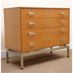  G Plan teak chest, four drawers, metal framed supports (W92cm, H79cm, D44cm) and a teak bookcase, two shelves (W120cm, H104cm)  