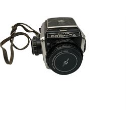 Zenza Bronica S2A medium format camera body, with Nikkor-P '1:2.8 f-75mm' lens, Zenza Bronica Zenzanon MC '1:3.5 f-150mm lens, Zenza Bronica Tele-Converter-E 2x, and two additional film cases. in a Billingham camera bag