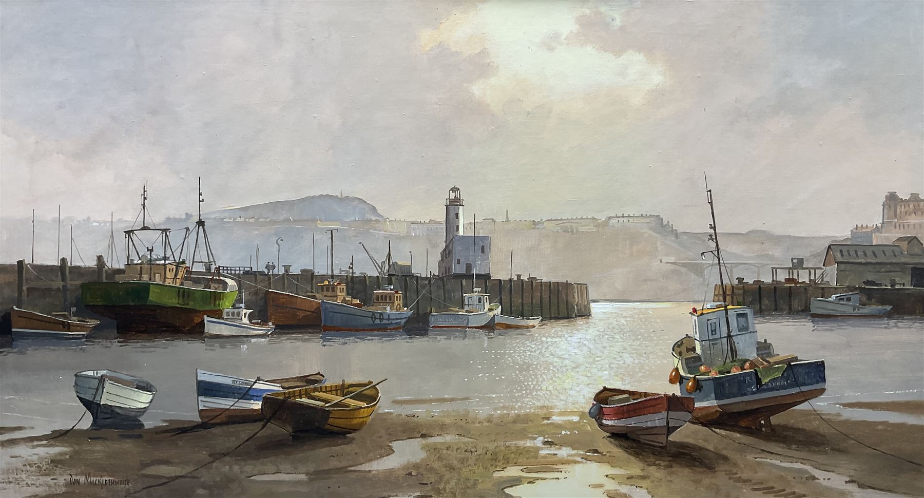 Don Micklethwaite (British 1936-): Scarborough Harbour, oil on board signed 52cm x 95cm  