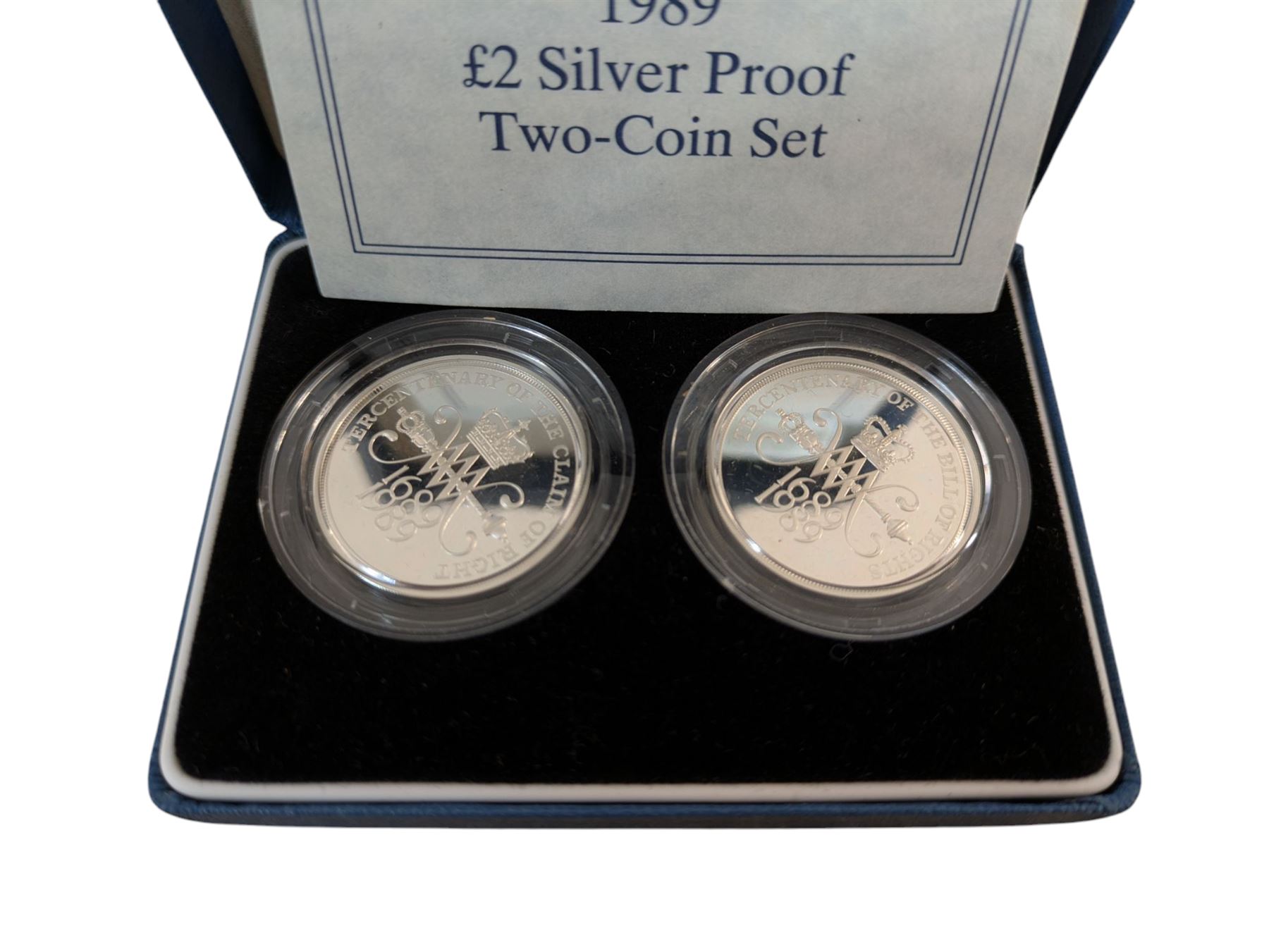Three The Royal Mint United Kingdom silver proof coins or sets, comprising 1989 two pound coin two coin set with 'Tercentenary Of The Claim Of Rights' and 'Tercentenary Of The Bill Of Rights, 2016 'The Last Round Pound' and 2016 'The Last Round Pound' piedfort, all cased with certificates 