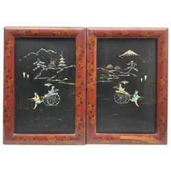 Japanese School (20th century): Figures with Jinrikisha (Pulled Rickshaw), pair Shibayama style mother of pearl inlaid panels 38cm x 24cm (2)