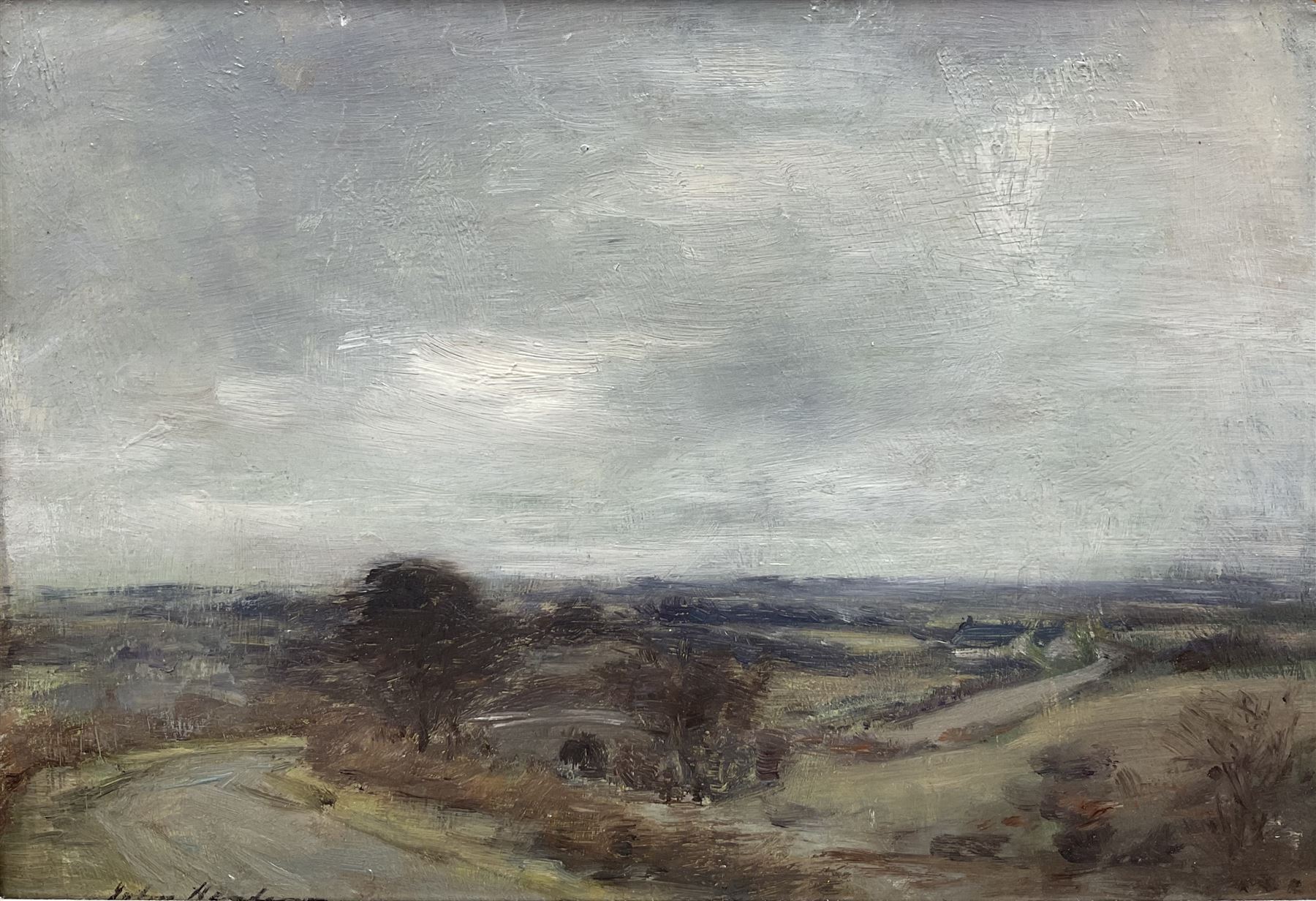 John Henderson (Scottish 1860-1924): Winter Moorland Landscape with Country Lane, oil on canvas signed 22cm x 32cm