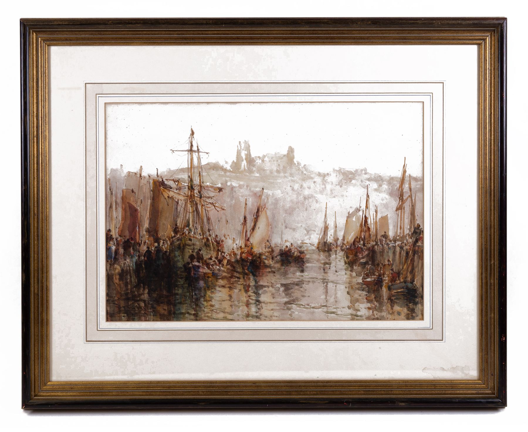 Stephen Frank Wasley (British 1848-1934): Fishing Boats at Dock End Whitby with the Abbey in the Distance, watercolour signed 36cm x 53cm