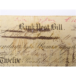  Bank Post Bill dated 1843 for the value of twelve pounds, large amount of writing to both the front and back of the note  