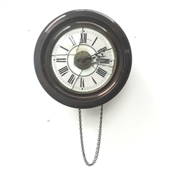 Early 20th century Postman’s alarm clock, circular beech frame dial, D28cm (no weight or pendulum)