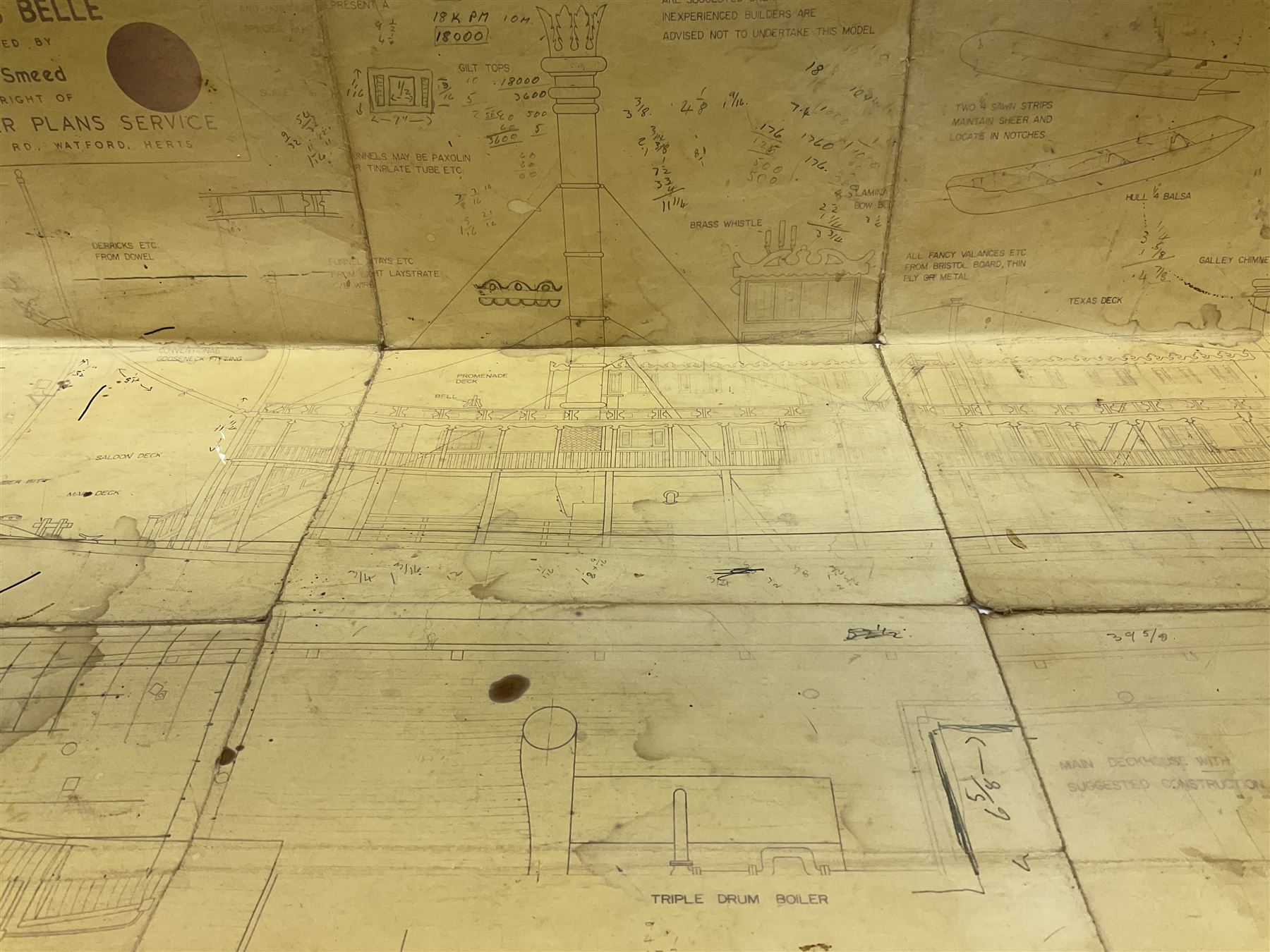 Model of St.Louis Belle paddle boat, L118cm, together with a box of additional parts and model plans by Vic Smeed