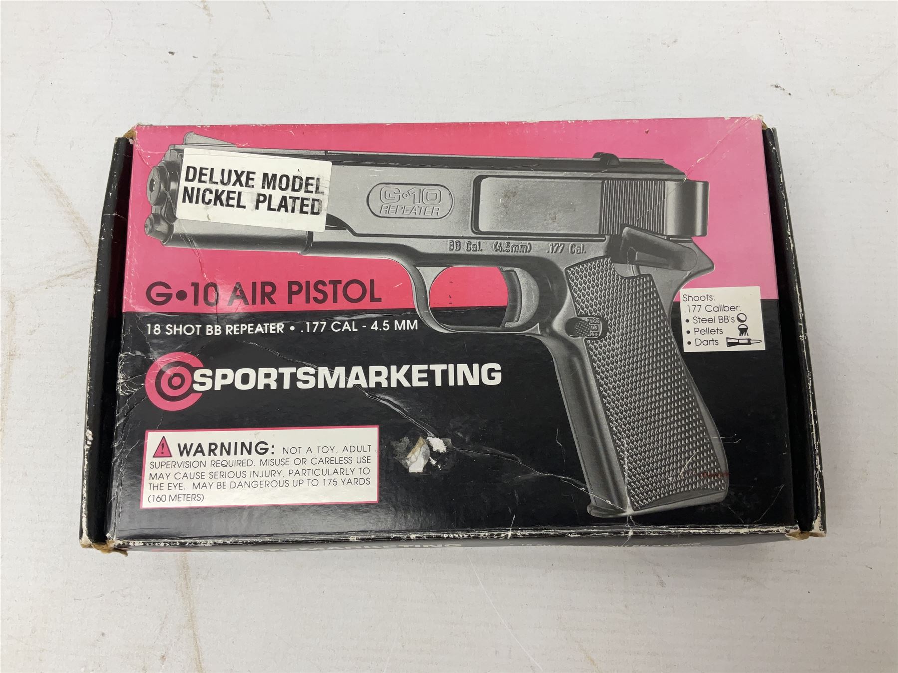 G-10 .177 20-shot BB Repeater air pistol with deluxe nickel plated finish; boxed with instructions