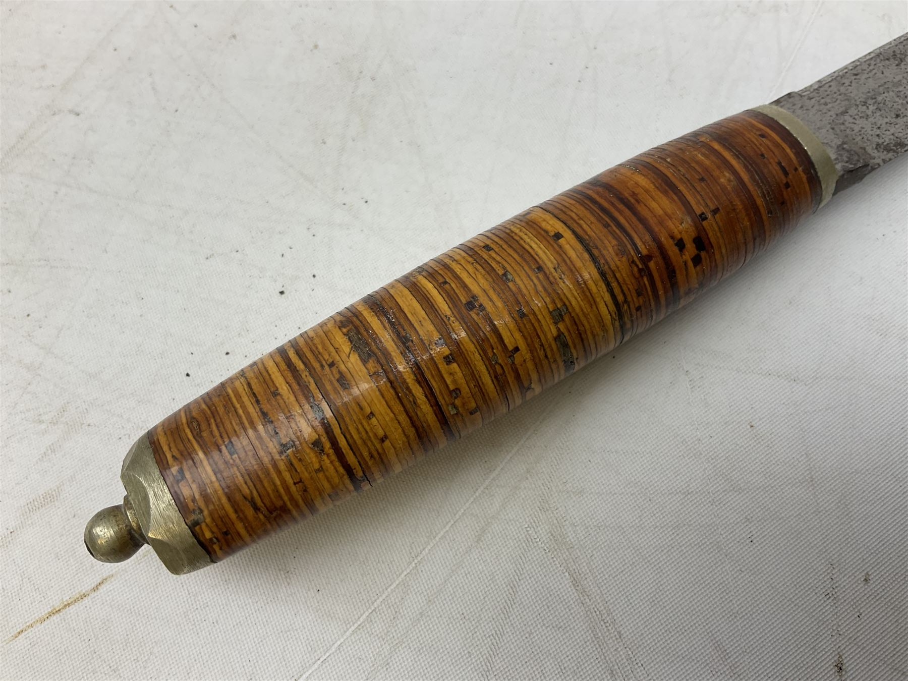 Norwegian staksniv hunting knife with 10cm single-edged steel blade in tooled leather sheath with nickel mounts L23cm overall