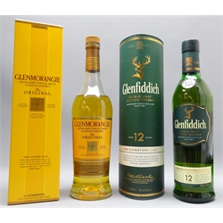 Glenfiddich Single Malt Scotch Whisky, Aged 12 Years, in tube & Glenmorangie Highland Single Malt Scotch Whisky, 10 Years old, in carton, both 70cl 40%vol, 2 bottles   