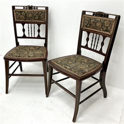 Pair Edwardian inlaid bedroom chairs, upholstered splat and seat, square shaped supports