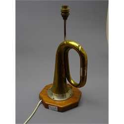  WW2 German brass bugle by Meinel & Herold, Klingenthal, later adapted as table lamp on octagonal base, H40cm   