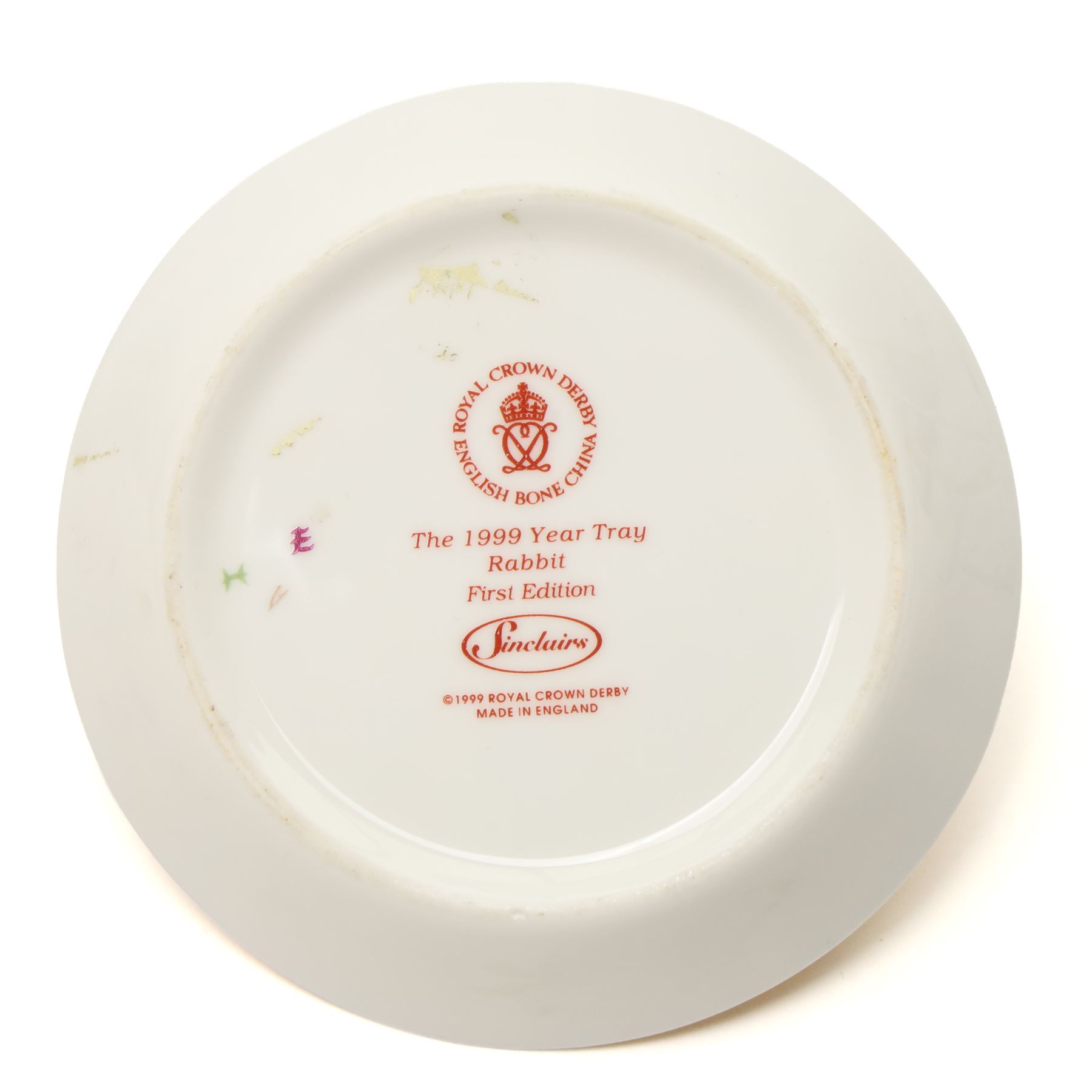 Royal Crown Derby pattern 2451 items, comprising smaller and larger coffee cans with saucers, crescent pin tray and plate (D23cm), together with a boxed Yorkshire Rose pattern plate, and a 1999 'Rabbit' year tray