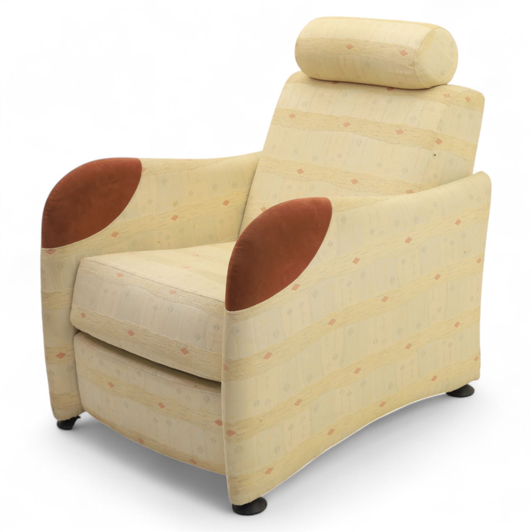 Ligne Roset - modernist French ‘Petite Sieste’ recliner armchair, cream upholstered with shaped back, built-in bolster headrest and curved armrests with contrast suede pads
