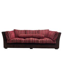 Collins & Hayes - grande three seat sofa upholstered in chocolate fabric, the loose cushions upholstered in textured fuschia stripes with contrasting spotted bolster cushions