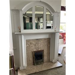 White painted fireplace, with overmantle mirror, marble hearth and inset- LOT SUBJECT TO VAT ON THE HAMMER PRICE - To be collected by appointment from The Ambassador Hotel, 36-38 Esplanade, Scarborough YO11 2AY. ALL GOODS MUST BE REMOVED BY WEDNESDAY 15TH JUNE.