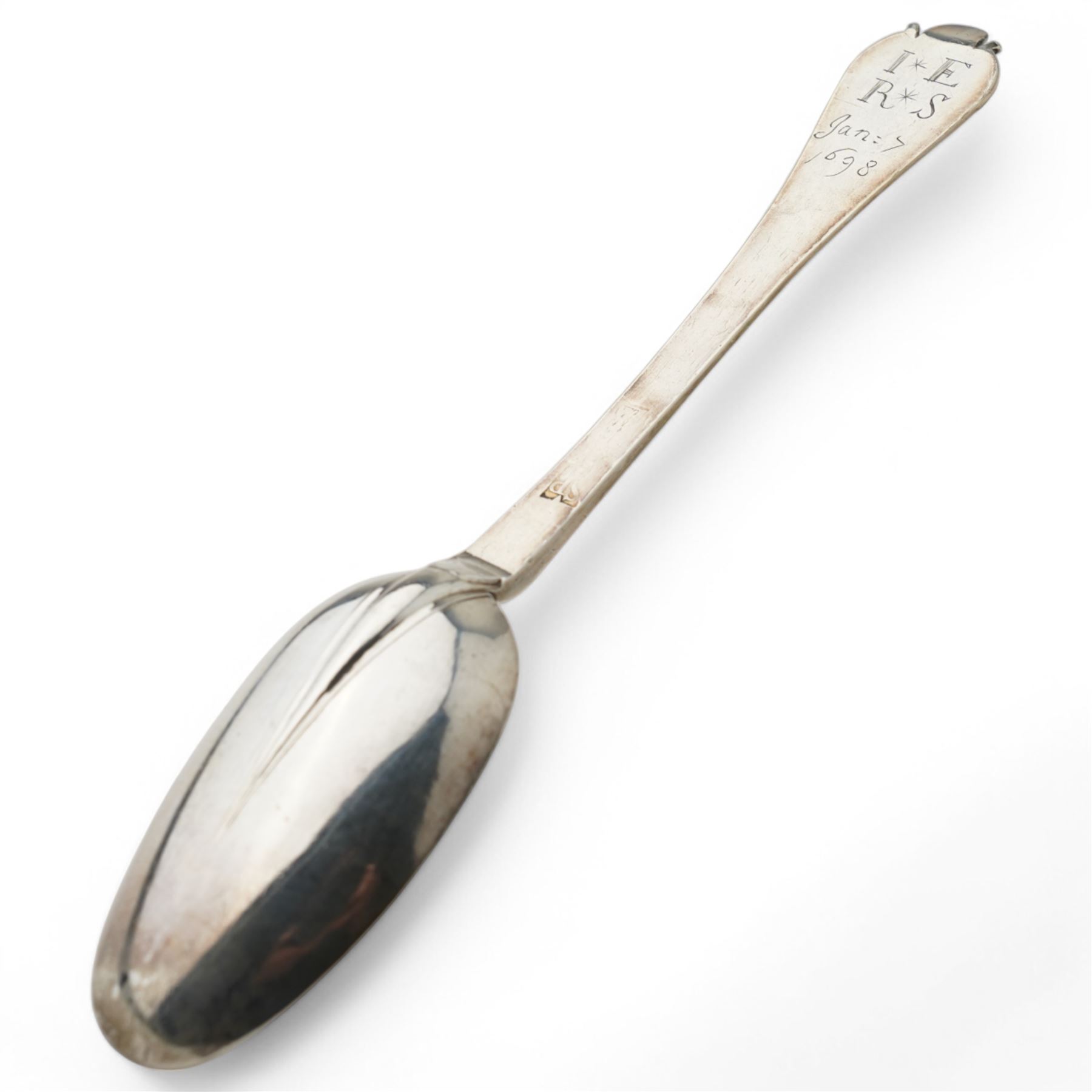 William III silver trefid spoon with rat tail oval bowl, the terminal engraved to the reverse I*E above R*S Jan 7th 1698, L19cm Makers mark SP