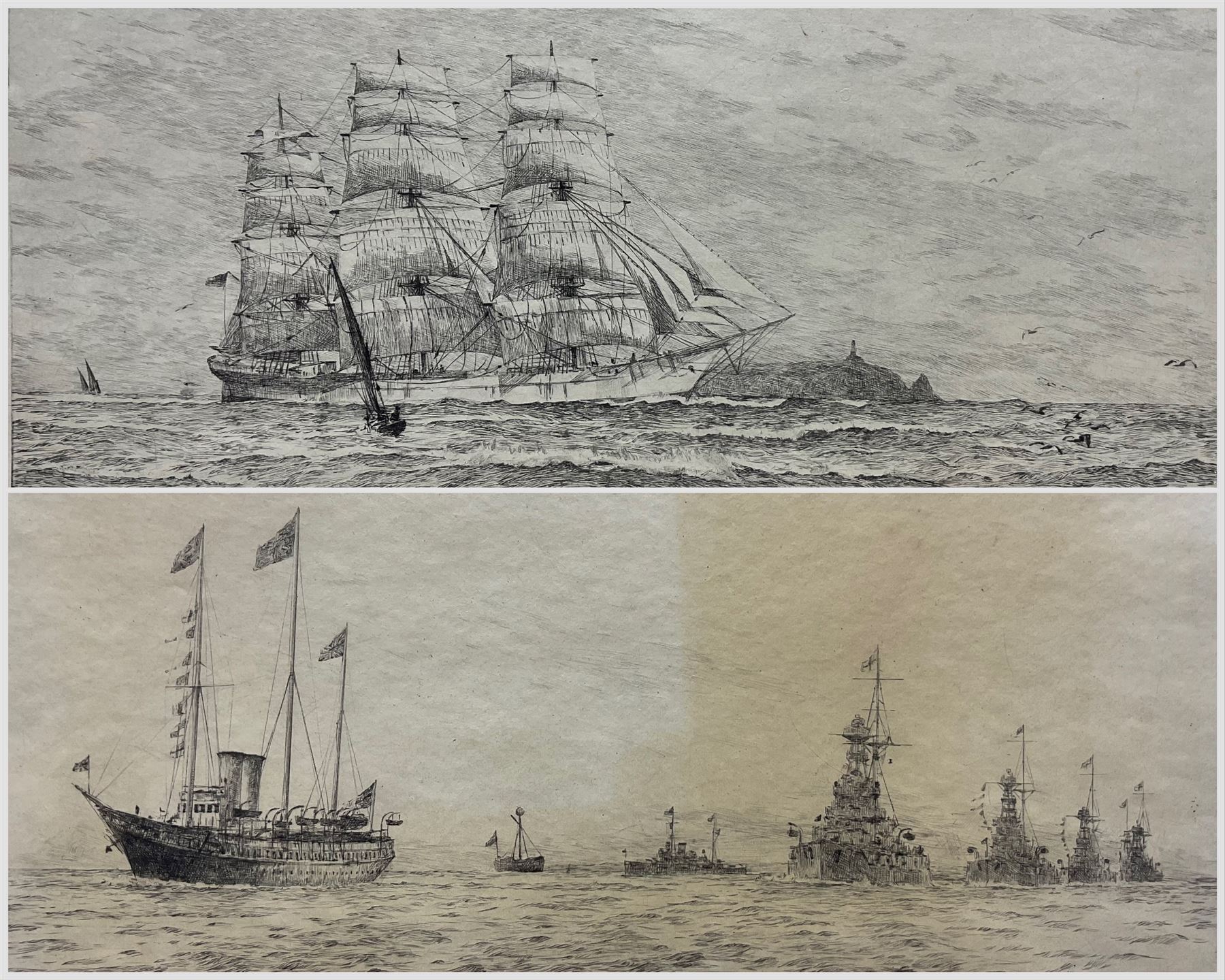 Rowland Langmaid (British 1897-1956): 'The Dreadnaughts' and 'The 1935 Coronation Review', pair academy proof drypoint etching signed in pencil with blindstamp 19cm x 36cm (2) (unframed)