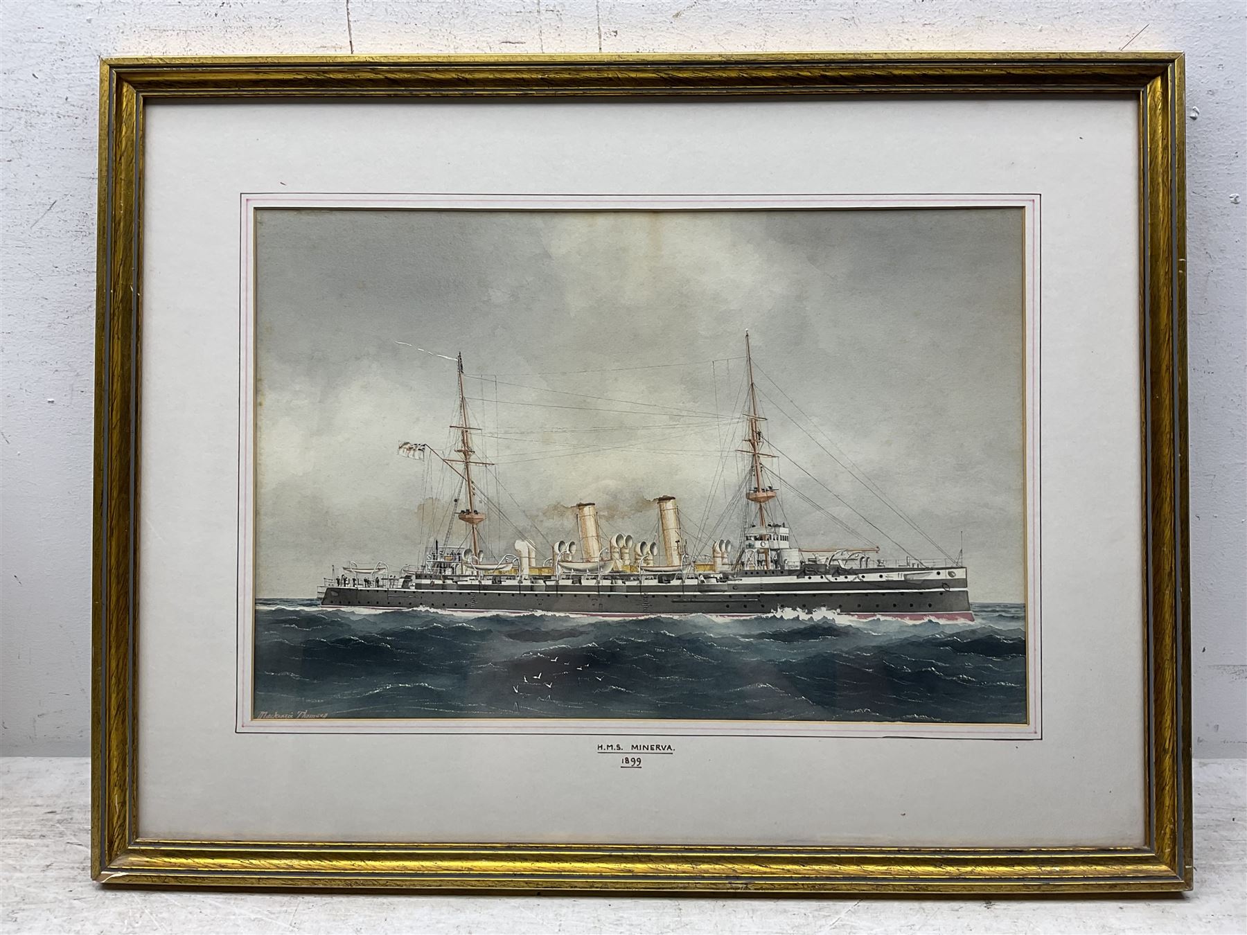 William Mackenzie Thomson (British late 19th century): 'HMS Minerva' - Royal Navy Eclipse-class Cruiser at Sea, watercolour signed, titled and dated 1899 on the mount 30cm x 45cm