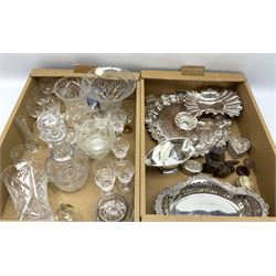 Collection of silver plate to include, sherry bottle label, sauce jug, pierced octagonal dish, together with cut glassware, to include decanter, set of six sherry glasses, potpourri bowl etc, two boxes