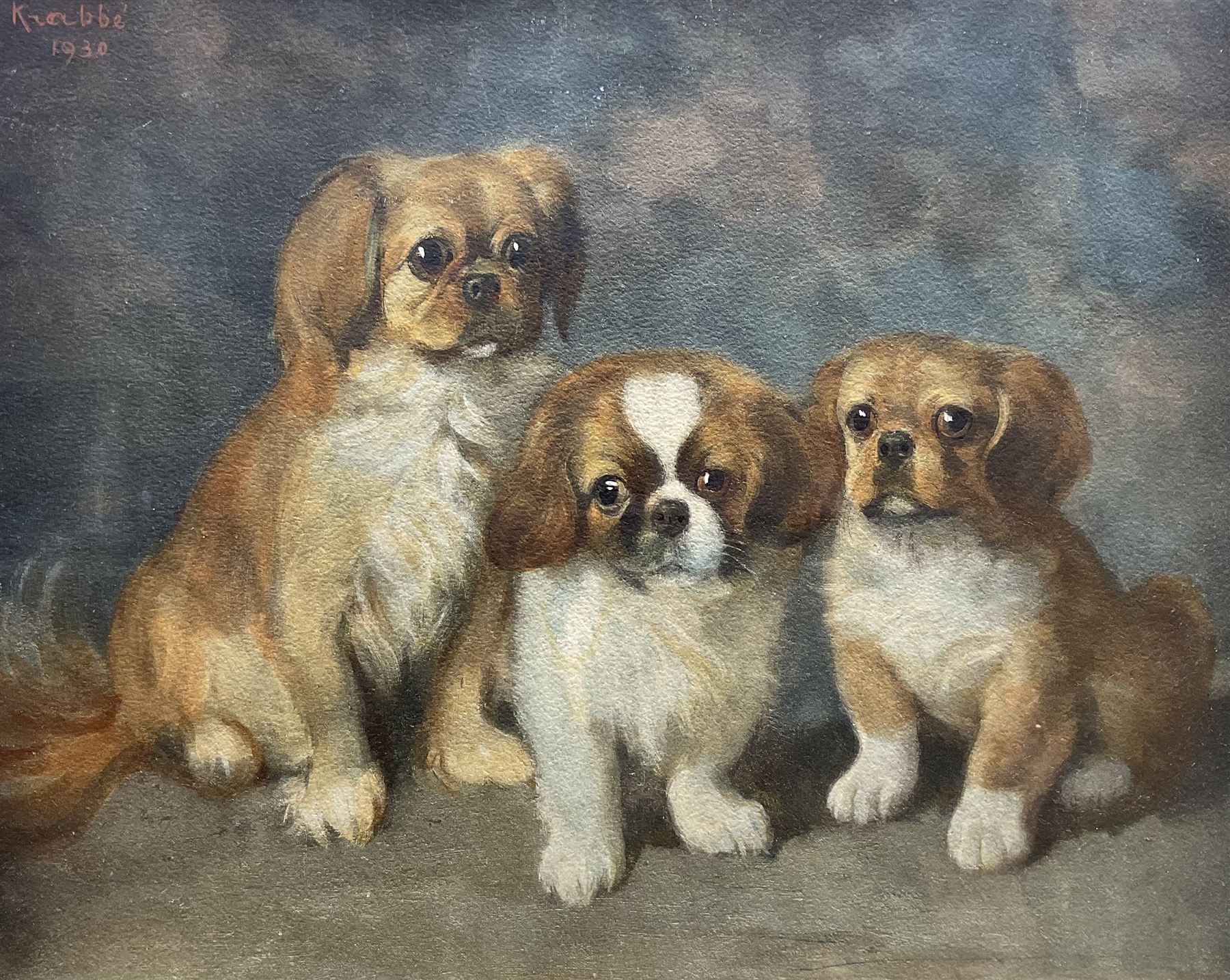 Maarten Hendrik Krabbe (Dutch 1868-1931): Three Pekingese Puppy Dogs, watercolour signed and dated 1930, 28cm x 35cm