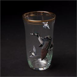 Set of ten painted glasses and jug, with geese and hunting scenes, jug H20cm 
