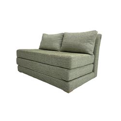 Contemporary two seat futon, upholstered in patterned teal fabric