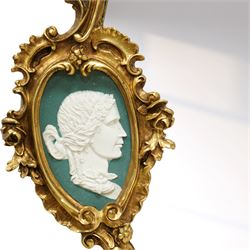 Contemporary Rococo revival style gilt overmantel mirror, shaped rectangular mirror plate with scrolling acanthus and rocaille frame, sides with inset Wedgwood style portrait plaques 