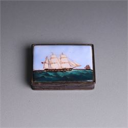 Modern silver box, with enamel plaque to hinged lid depicting a ship at full sail, stamped 925