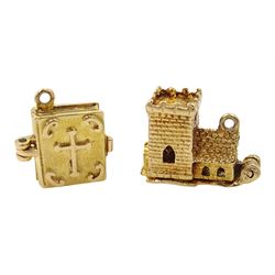 Two 9ct gold pendant/charms including wedding in a church and bible and an 18ct gold Maltese cross pendant