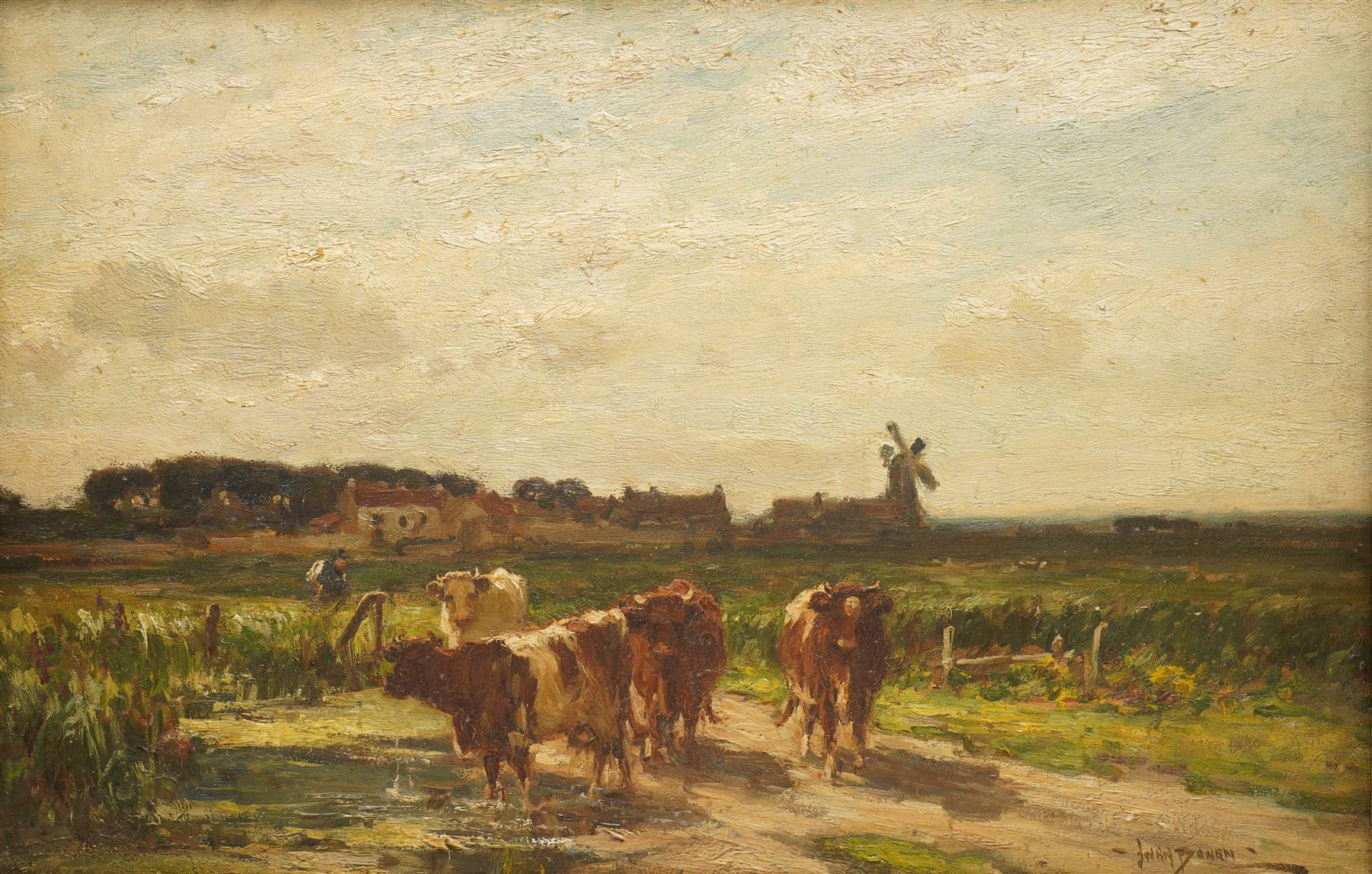 Owen Bowen (Staithes Group 1873-1967): Cattle Watering in the Flatlands with Windmill to the Distance, oil on canvas signed 39cm x 60cm