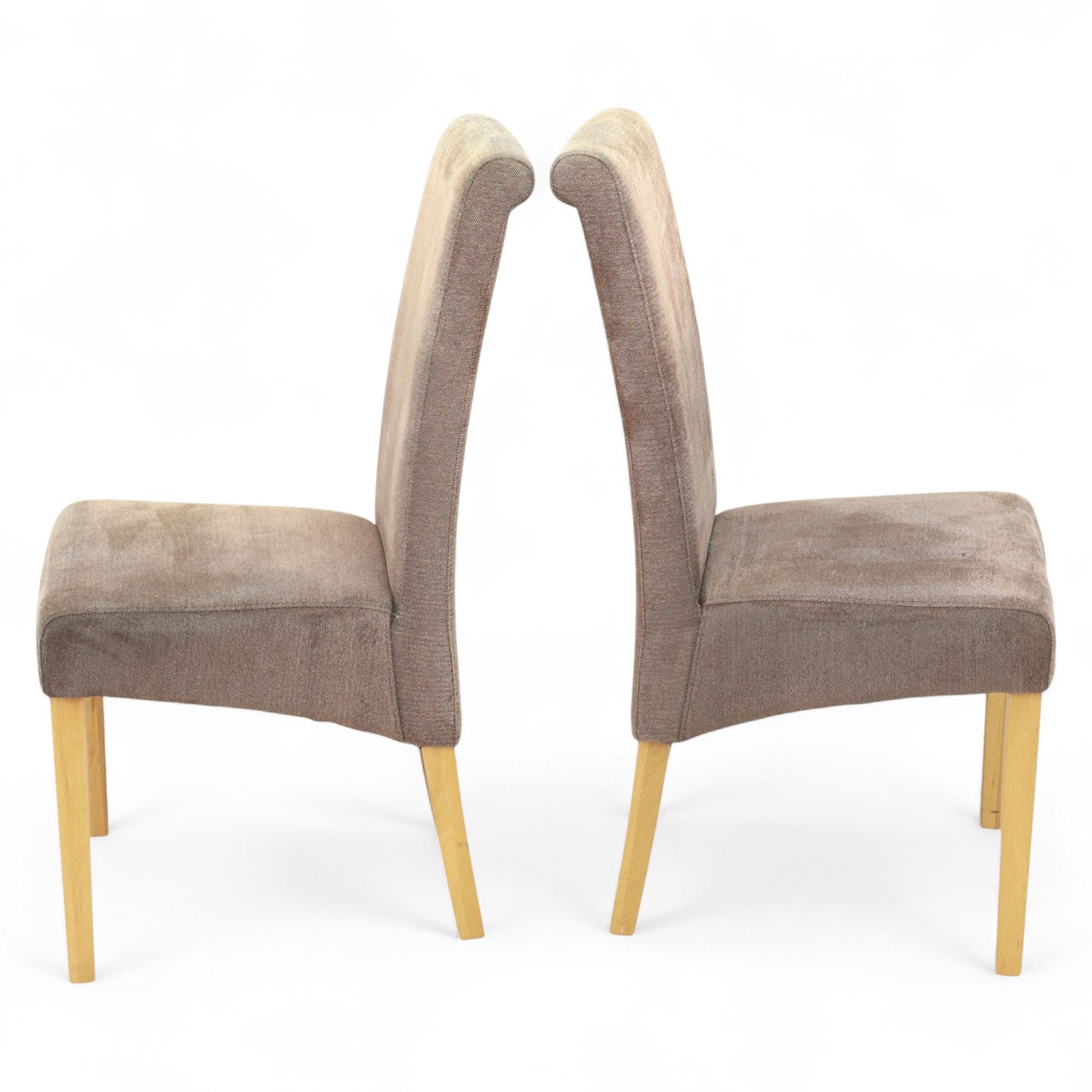 Oak Furnitureland - Pair of contemporary upholstered dining chairs, with high tapering backs and padded seats in taupe brown microfibre fabric, raised on solid oak square section legs