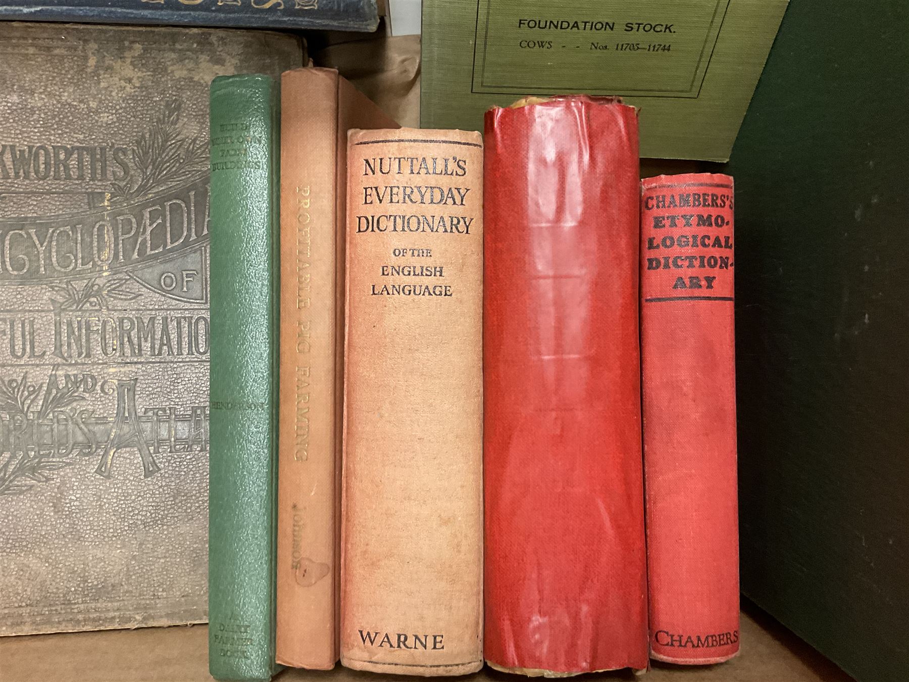 Two volumes of the Concise Household Encyclopedia together with Encyclopedia of Useful Information & Atlas of the World, two volumes of the Cathedrals of England and Wales and various books on farming, in two boxes