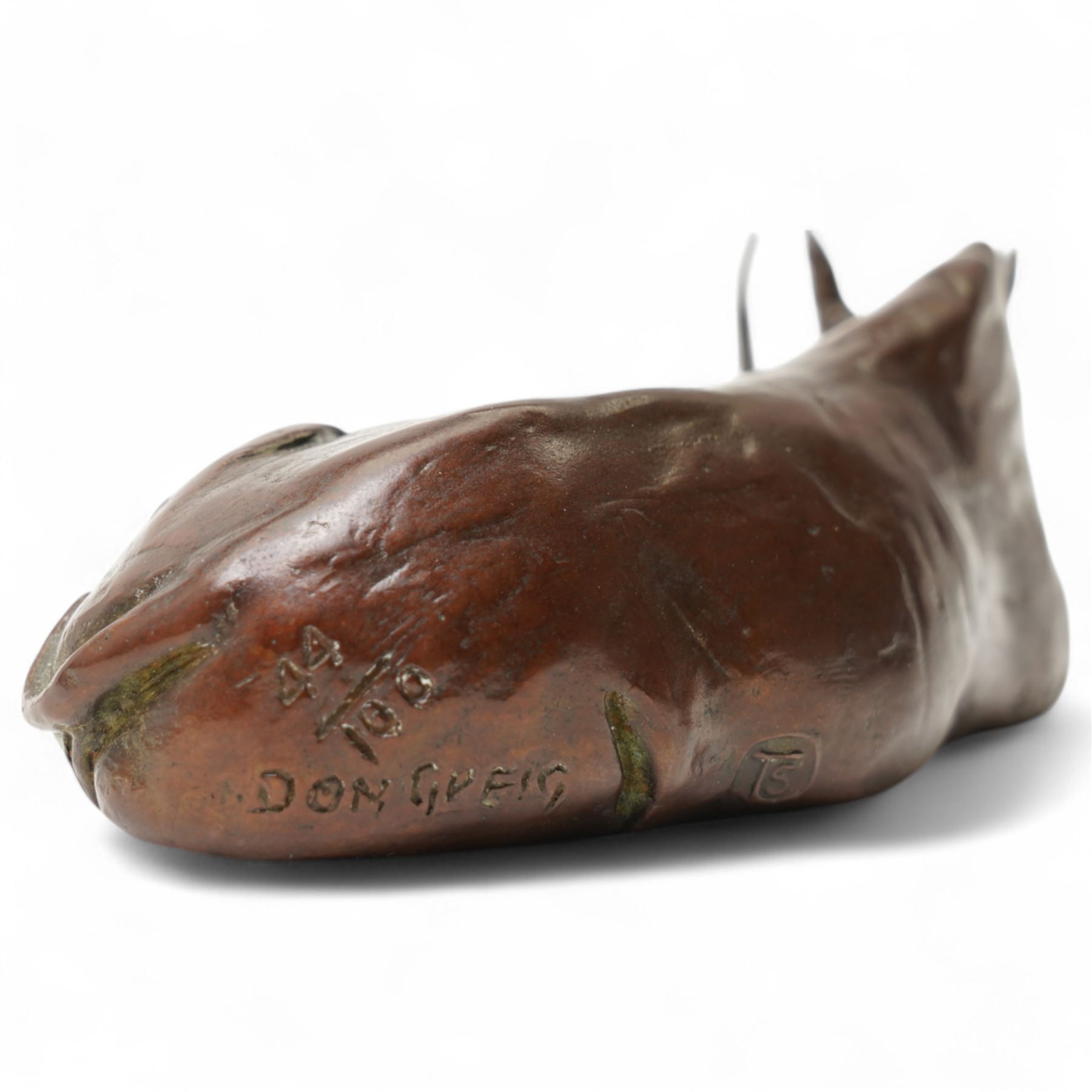 Donald Greig (South African 1959-): Recumbent White Rhino, bronze, signed, 2007,  5cm x 12cm with certificate