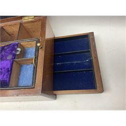 Walnut dressing table box, set with mother of pearl cartouche, opening to reveal a compartmentalised interior with mirror, covered in parts in purple velvet, together with a smaller jewellery box with stencil print, dressing table box H15cm
