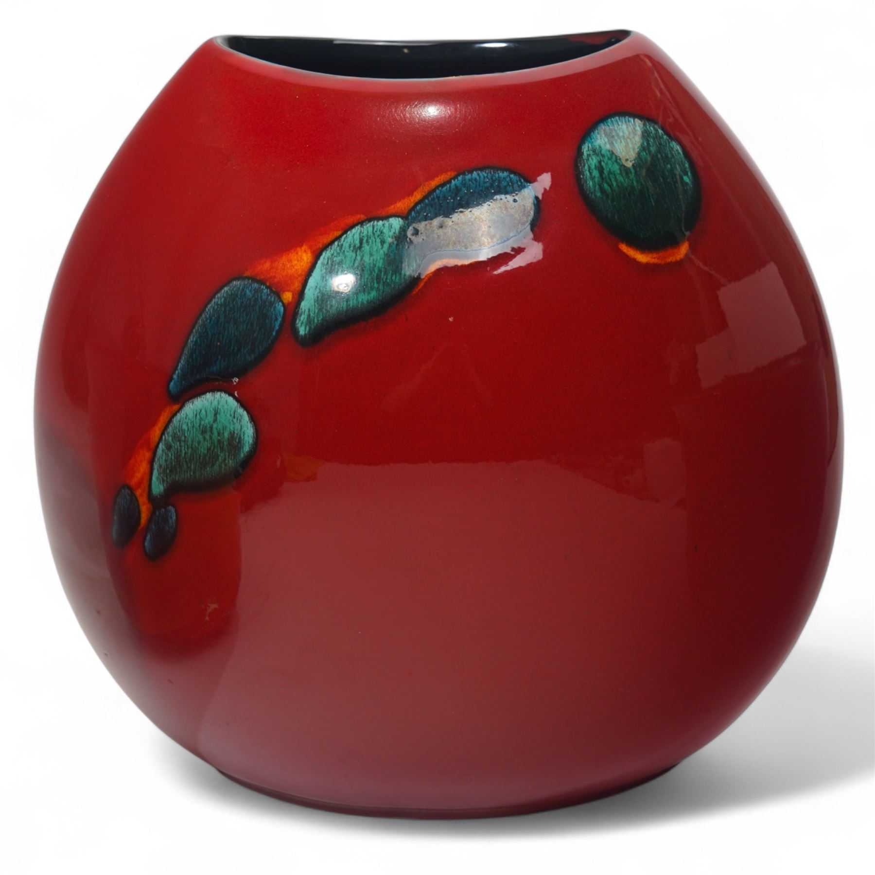 Poole pottery purse vase decorated in the Odyssey pattern, Odyssey pattern fern pot D17cm and a Poole Peacock pattern fern pot D19cm (3)