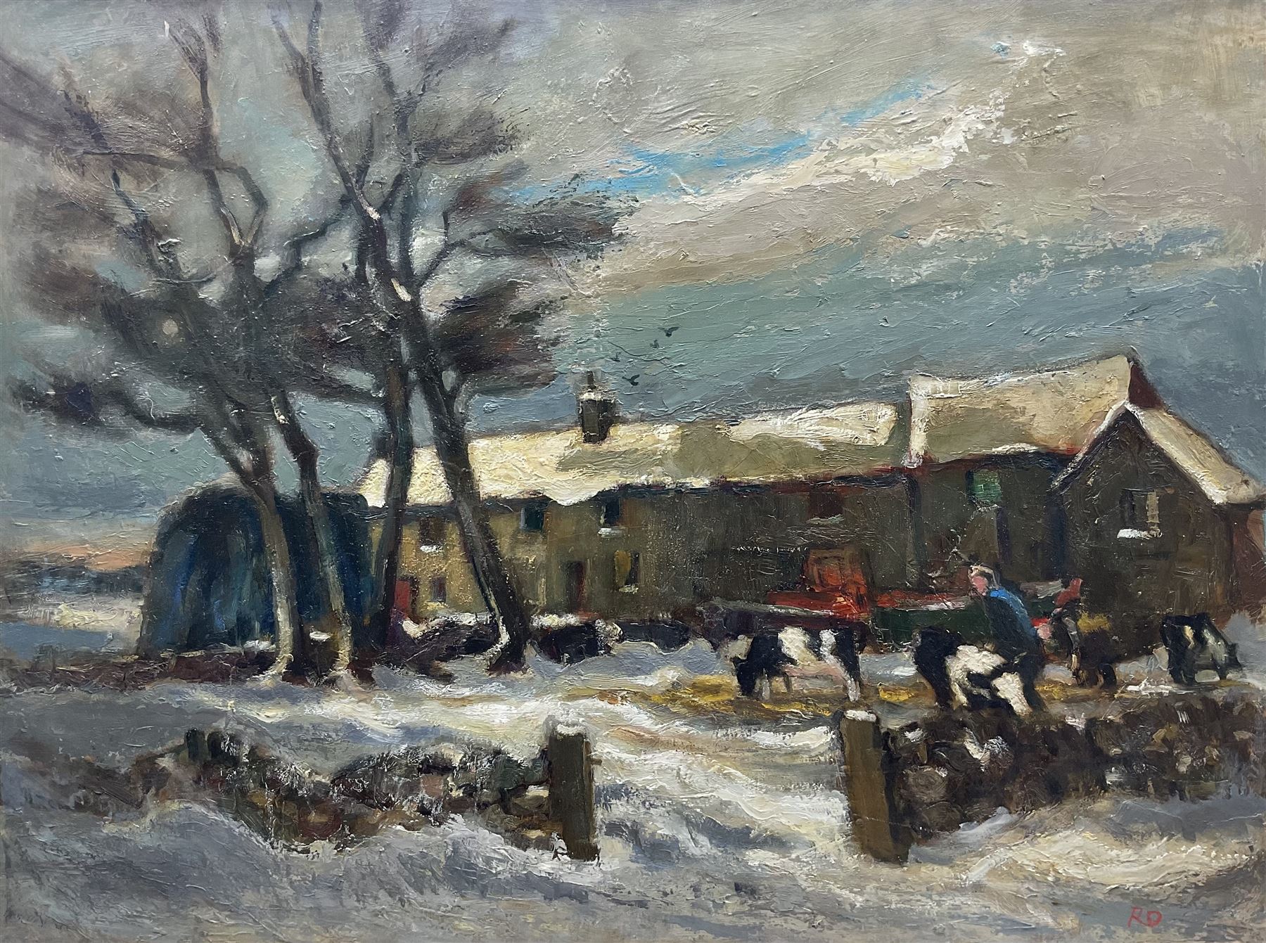 Robert Dawson (British 1926-1997): 'Snow at High Edge', oil on board signed with initials, titled on gallery label verso 67cm x 90cm 
Provenance: with the Goldmark Gallery, Uppingham, label verso