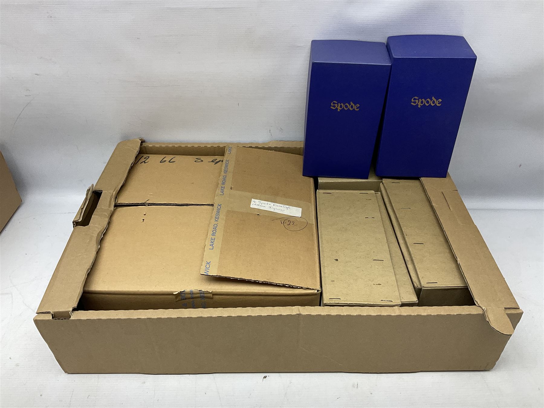 Seven Spode Chelsea figures, comprising no.1, no.2, no.3, no.4, no.6 and two further smaller examples, together with a Dresden figure of a gentleman, no. K10003, and a Delft style figure of a boy, some with boxes, tallest H23cm (9)