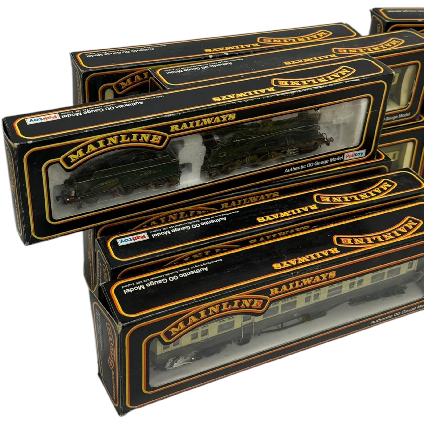 Two Mainline Railways '00' gauge locomotives, including 37090 Mogul Locomotive GRW green, together with five Mainline Railways '00' gauge goods wagons and fourteen coaches, including Cornish Riviera Examples, all boxed 