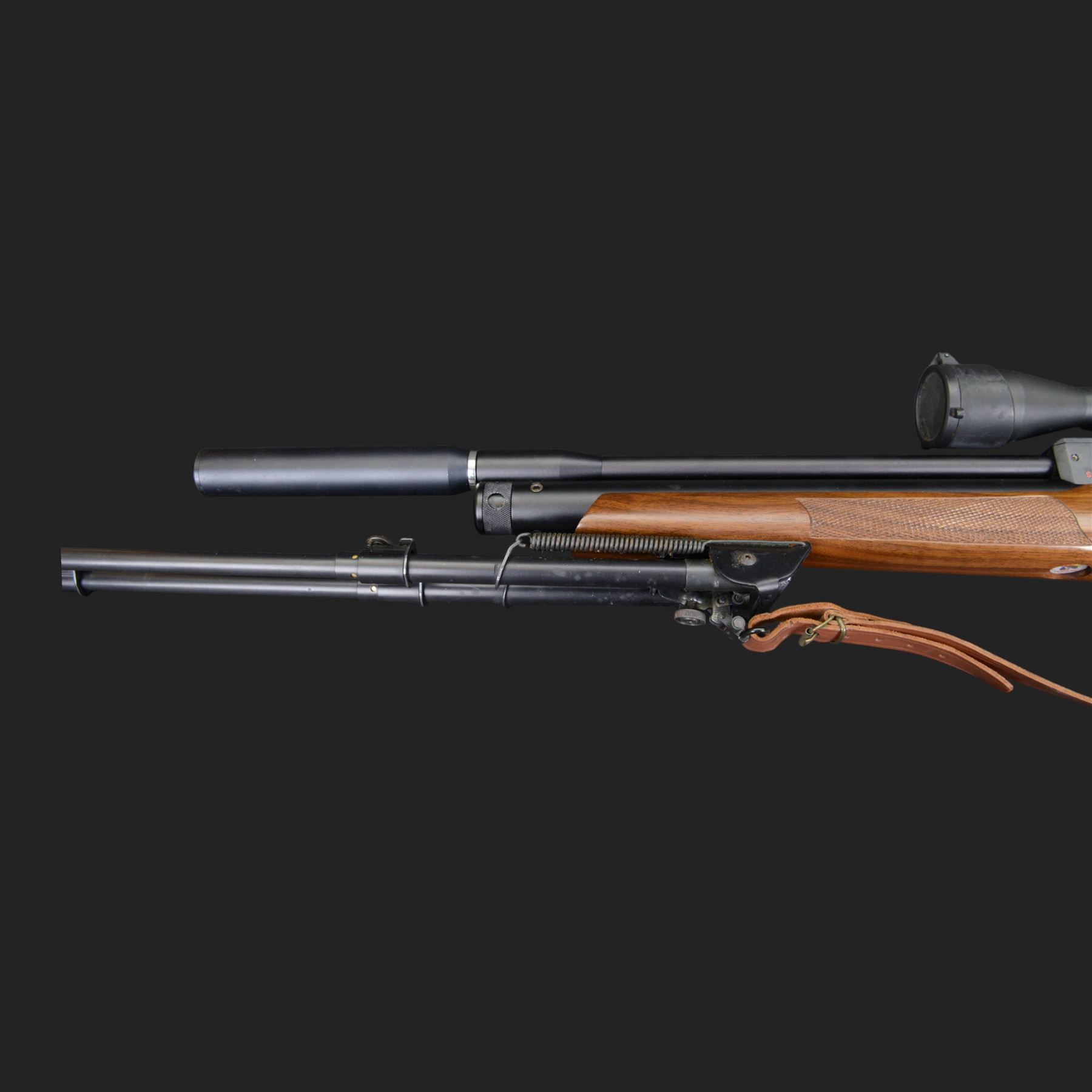 Logun MK2 22 Cal. air rifle, serial no 25885, with ASG fitted sight, bi-pod stand and fitted moderator  