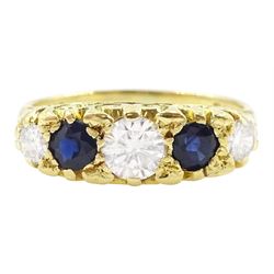 18ct gold five stone round brilliant cut diamond and sapphire ring, London 1975, total diamond weight approx 0.60 carat