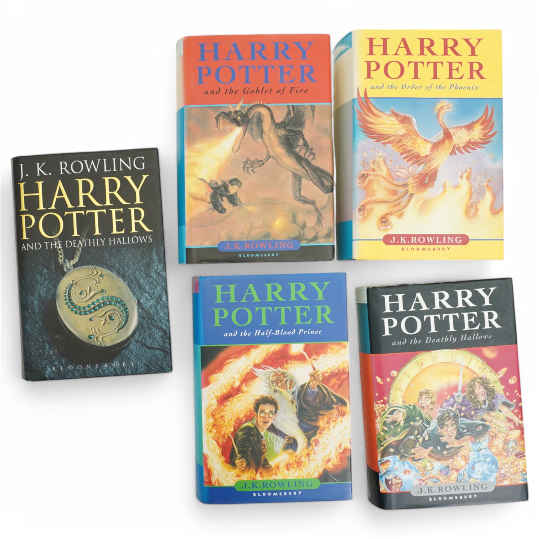 J.K.Rowling - Five Harry Potter books with dust jackets, four marked First Edition, the Half Blood Prince with misprint on page 99 and Order of the Phoenix with print error and two blank pages