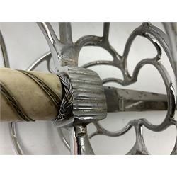 Replica knight's longsword, the 91.5cm double-edged steel blade with basket hilt and wire-bound bone grip with spherical pommel, in leather scabbard L112cm overall