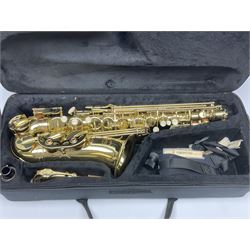 Artemis brass alto saxophone, serial no.319142, also numbered ALO8667, H57cm (exc. crook); in hard carrying case with eight unused reeds