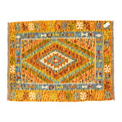 Two Chobi Kilim flatweave rugs, comprising the largest kilim on a cream ground with a grid of stepped diamond medallions in a palette of rust red, turquoise, green, ochre, and lilac,, filled lozenge motifs, framed by a cream ground border, 148x101cm, Chobi Kilim with multi-stepped diamond medallion with serrated bands, in terracotta, turquoise, green, saffron and blue, framed by a broad polychromed border of stylized guls and narrow guard stripes, 114x87cm 