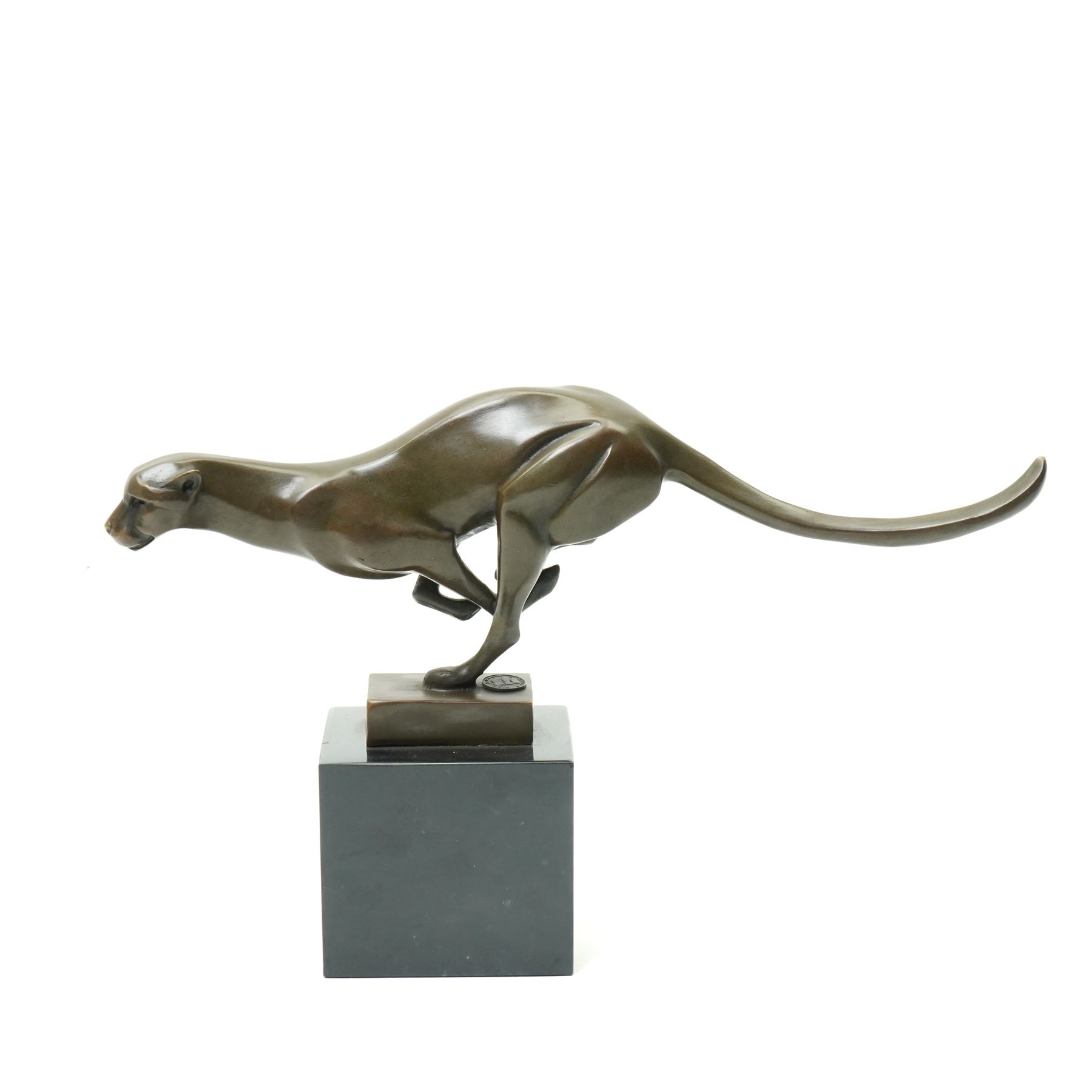 After Milo - Bronze figure of a running Cheetah with foundry mark on a black marble base H20cm