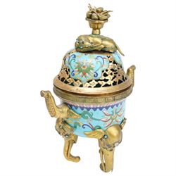 Pair of Chinese 20th century cloisonne Tang style horses with removeable saddles H35cm and a cloisonne and gilt metal koro