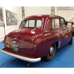 1953 Hillman Minx Saloon

Registration: NYP 135
Engine: 1,265cc petrol
Transmission: Manual, column change
Odometer reading: 37,553 miles
Colour: Maroon red
Interior: Cream
Former keepers: 3
V5C: Present
Keys: One

A 1953 Hillman Minx four-door saloon, finished in maroon red with a contrasting cream interior.

Powered by a 1,265cc petrol engine with manual column-change transmission. The Smiths speedometer displays 37,553 miles, although this mileage has not been independently verified.

The vehicle has previously been restored and presents with glossy maroon paintwork, cream bench seating and a period dashboard and steering wheel. The engine bay is painted to match the exterior and appears generally tidy. The underside has been coated or undersealed in places, with the chassis, floor sections, suspension and exhaust visible in the accompanying photographs.

At the time of cataloguing, the engine turned over but did not start.

Features

• 1,265cc petrol engine
• Manual column-change transmission
• Right-hand drive
• Four-door saloon body
• Maroon red exterior
• Cream bench-seat interior
• Smiths instrumentation
• Period dashboard controls
• Steel wheels with chrome hubcaps
• Chrome bumpers and exterior trim
• Rear-hinged bonnet
• Leaf-spring suspension

History and Documentation

• V5C registration document present
• Three former keepers recorded
• One key
• Pitman’s handbook included

Condition

The vehicle is presented in restored condition. The maroon paintwork retains a good overall gloss, with some age-related marks and imperfections visible on closer inspection.

The cream interior presents well overall, with signs of age and use to the upholstery, carpets, dashboard and controls. Some surface deterioration and pitting are visible to areas of the chrome and brightwork.

The engine bay appears tidy, although some wiring and ancillary components appear non-original or subsequently renewed. The underside has received protective coating or underseal in areas. Prospective purchasers should inspect the structure, chassis, floor, suspension and mechanical components carefully.

At the time of cataloguing, the engine turned over but did not start. The vehicle has not been mechanically inspected or road tested by the auctioneers.

Prospective purchasers should satisfy themselves as to the vehicle’s condition, specification, originality, mileage, identity and roadworthiness before bidding.

This vehicle forms part of the Estate of the Late John Sills and is offered for sale by the Executors, confirming a genuine reason for sale.