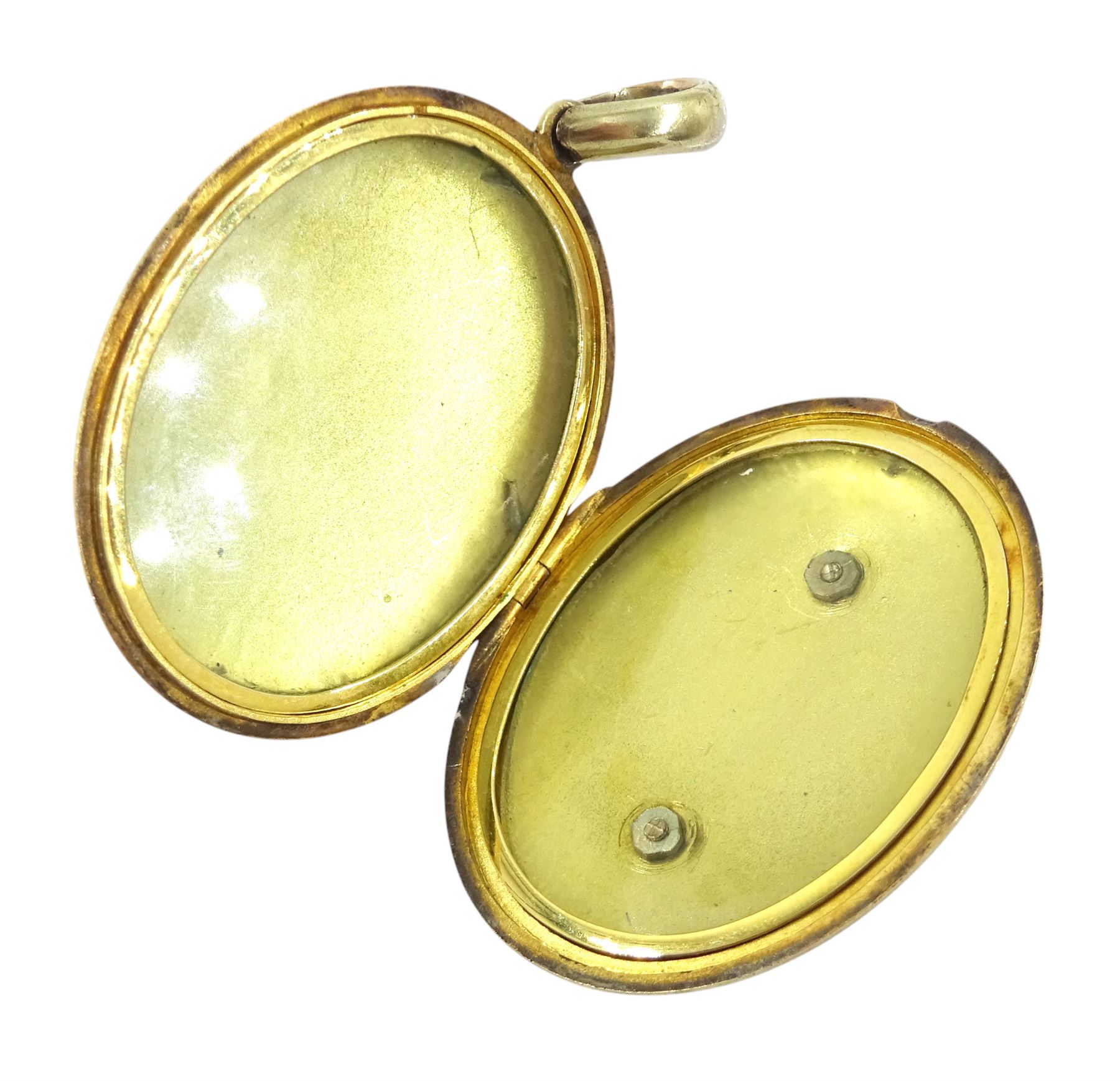 Victorian 15ct gold locket pendant, the centre with applied pearl and coral decoration, stamped 15